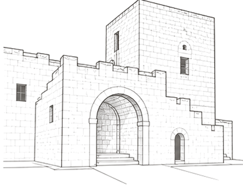 Gravure du fort : l’arche, les escaliers et la tour